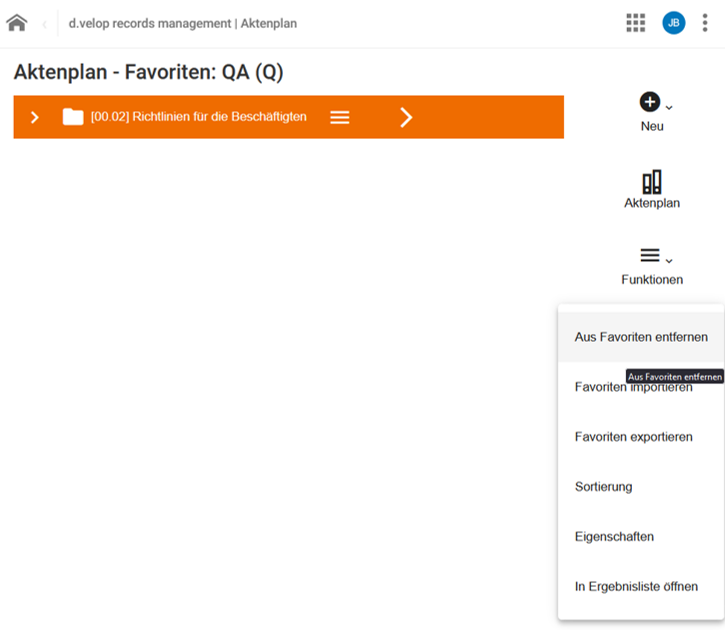 Im rechten Seitenmenü des DMS ist das Untermenü unter den drei waagerechten Strichen ausgewählt. Es enthält die Einträge Aus Favoriten entfernen, Favoriten importieren, Favoriten exportieren und Eigenschaften. Aus Favoriten entfernen ist ausgewählt.