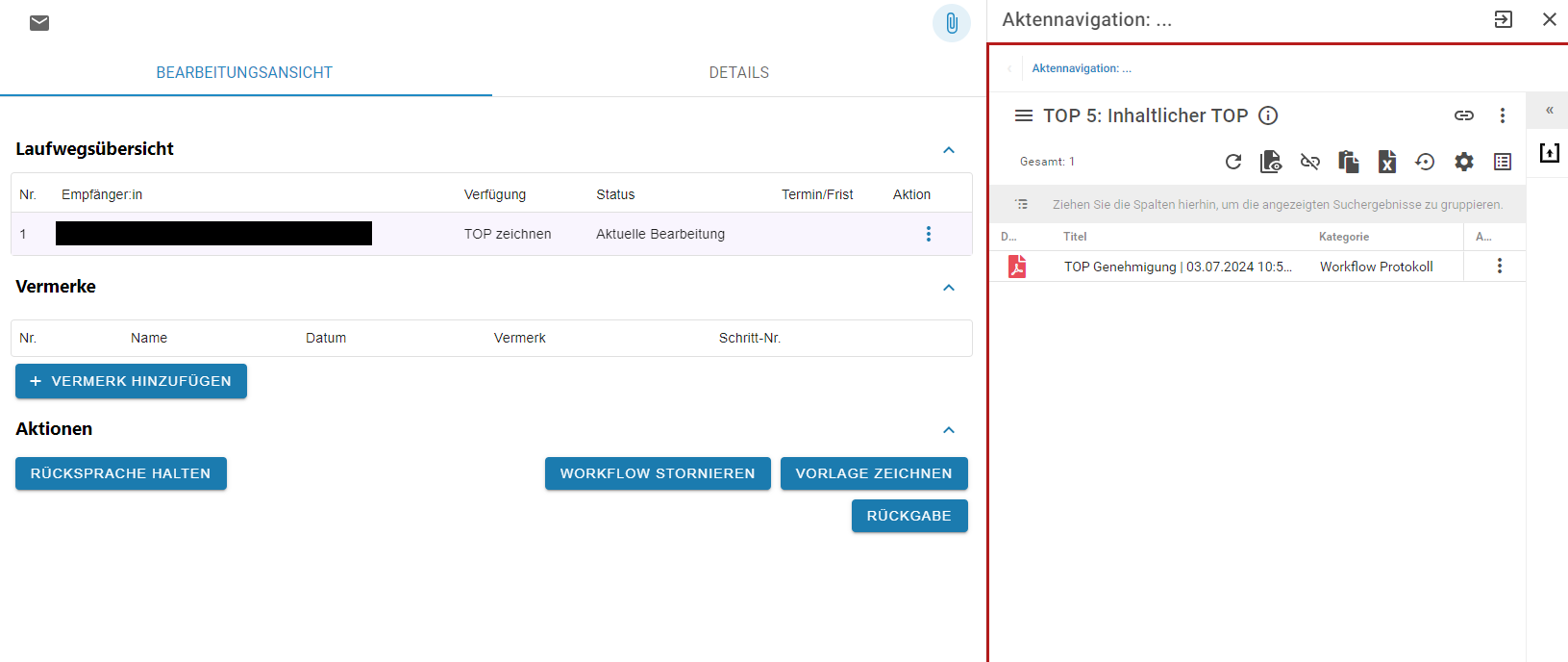 Die Laufwegsübersicht einer TOP Genehmigung. Es werden die Schaltflächen Vermerk hinzufügen, Rücksprache halten, Workflow stornieren, Vorlage zeichnen und Rückgabe gezeigt. In der rechten Bildhälfte ist eine Vorschau des zu zeichnenden TOPs zu sehen.