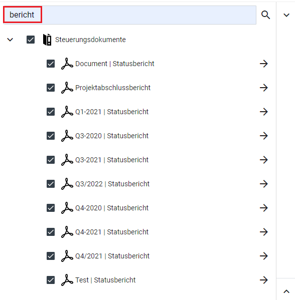 Im Suchfenster wurde das Stichwort Bericht eingegeben. Das Suchergebnis zeigt verschiedene Statusberichte. Das Suchwort wird durch eine rote Umrandung hervorgehoben.