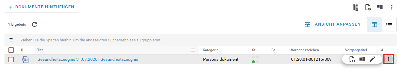 Sie sehen ein Dokument Gesundheitszeugnis in einer ePersonalakte und das Icon für das Kontextmenü ist rot umrandet.