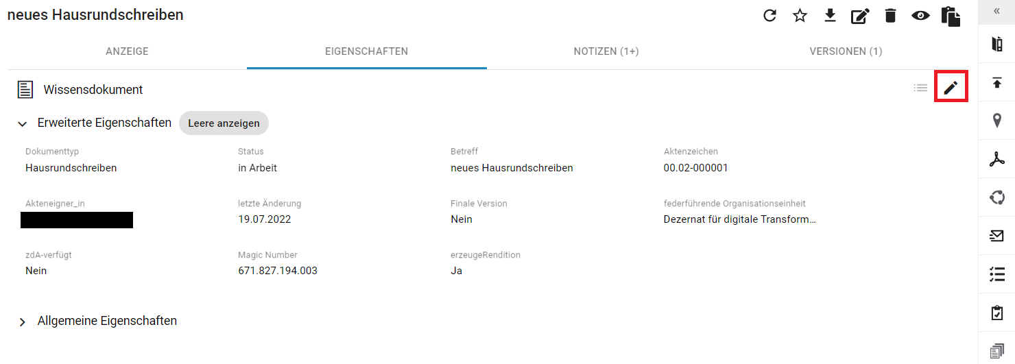 Die Eigenschaften des Dokuments "neues Hausrundschreiben" werden angezeigt. Auf der rechten Seite, fast ganz oben ist ein einzelnes Stift-Symbol farblich hervorgehoben.