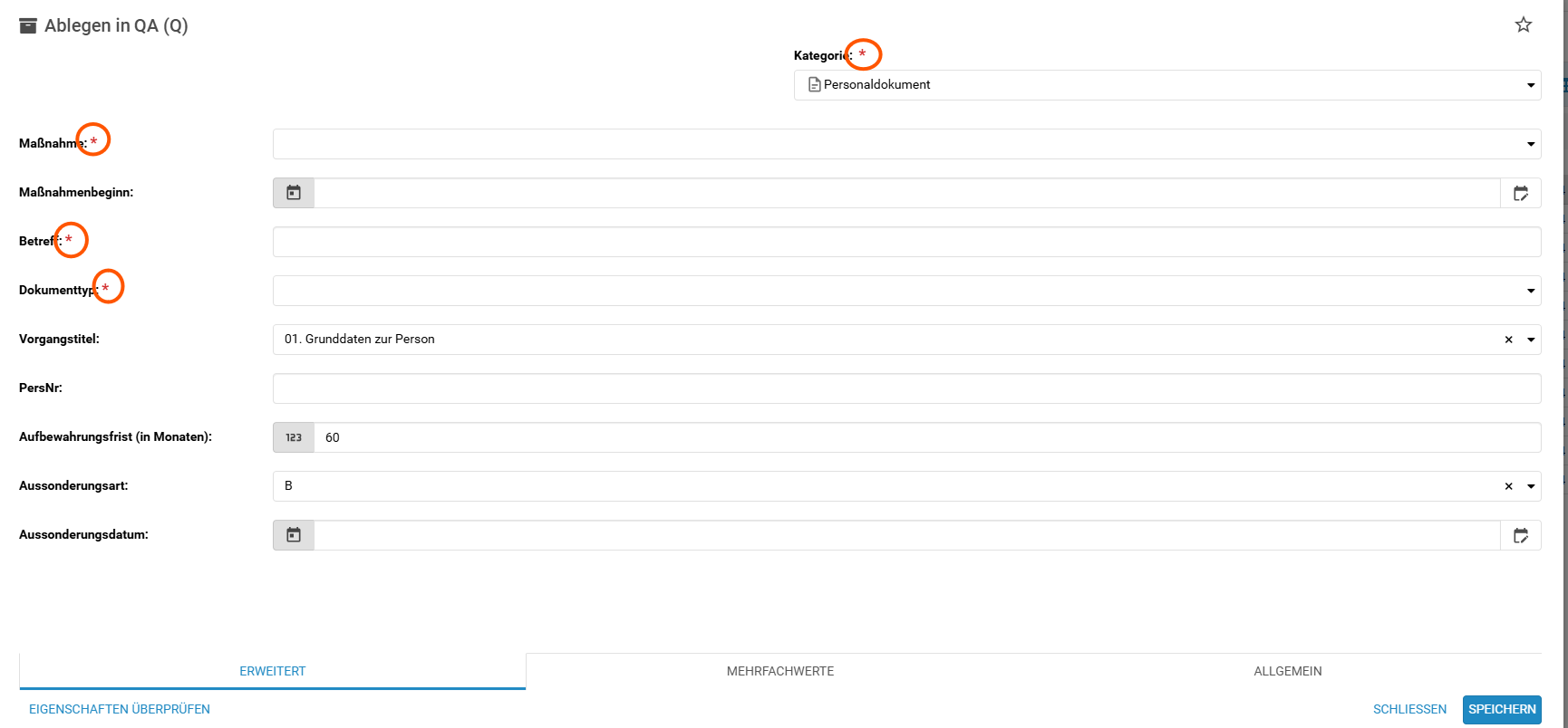 Sie sehen den Importdialog für die Ablage eines Dokumentes mit den markierten Pflichtfeldern.