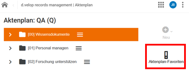 Im rechten Seitenmenü des DMS ist die Schaltfläche für die Aktenplanfavoriten hervorgehoben. Das einzelne Aktensymbol ist rot umrandet.