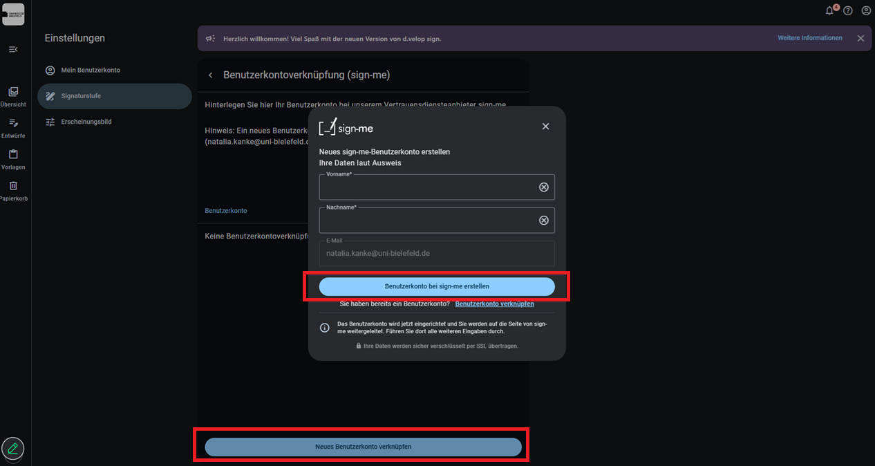 Zu sehen ist wie ein neues Konto von sign me eingerichtet wird.