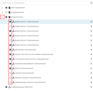In dieser Ansicht werden alle Vorgänge, Teilvorgänge und Dokumente aus der Vorauswahl angezeigt. Zu Beginn sind alle Einträge vorausgewählt. Einzelne Dokumente oder ganze Vorgänge und Teilvorgänge können wieder aus dem pdf-Export entfernt werden und der pdf-Export so feiner gestaltet werden. Um die Teilvorgänge bzw. Dokumente innerhalb eines Vorgangs anzeigen zu lassen, klicken Sie zuerst auf den kleinen Pfeil vor dem Vorgang bzw. dem Teilvorgang. Der Inhalt wird jetzt ausgeklappt dargestellt. Durch einen Klick → auf den Haken vor einem Dokument kann dieses jetzt aus dem pdf-Export ausgeschlossen werden. Auf dei gleiche Weise können auch ganze Vorgänge oder Teilvorgänge aus dem pdf-Export ausgeschlossen werden.