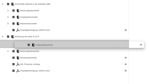 Die Reihenfolge der Vorgänge, Teilvorgänge und einzelner Dokumente kann durch Anklicken und Halten an die gewünschte Position verschoben werden. Die Reihenfolge der Vorgänge kann beliebig geändert werden. Die Reihenfolge der Teilvorgänge kann nur innerhalb ihres Vorgangs angepasst werden. Dokumente können ebenfalls beliebig innerhalb des Vorgangs verschoben werden. Sie können dabei auch in einen anderen Teilvorgang desselben Vorgangs oder den Vorgang selbst verschoben werden. Ein Verschieben in einen anderen Vorgang ist nicht möglich.